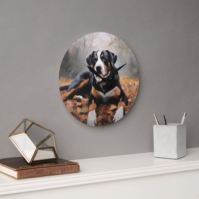 Grosser Schweizer Berg im Herbst Leaves Fall Große Wanduhr (Büro)