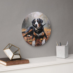 Großer Schweizer Sennenhund im Herbst, wenn die Bl Große Wanduhr