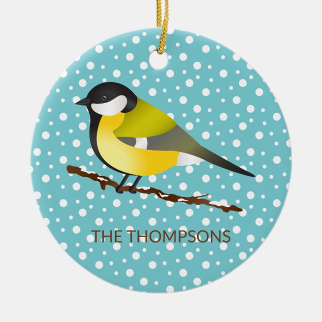 Großer Tit Parus Major Bird & Custom Familienname Keramikornament (Vorne)