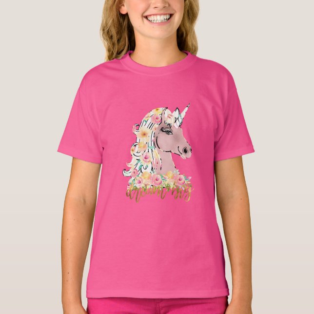 Großer Traum Blümchen Einhorn T-Shirt (Vorderseite)