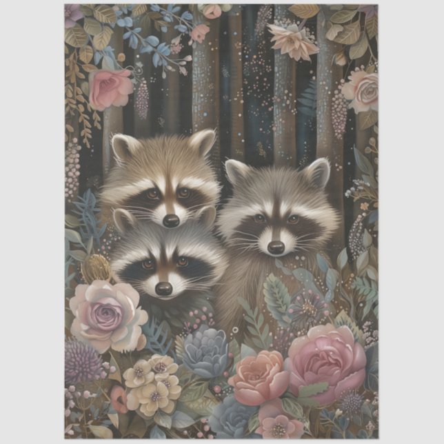 Grosser Wald Florals und Raccoon Decoupage Seidenpapier (Vorderseite)