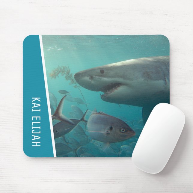 Großer Weißer Hai mit Fisch unter Wasser, angepass Mousepad (Mit Mouse)