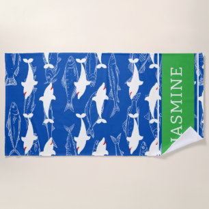 Großer Weißer Hai Navy Grün Monogramm Strandtuch