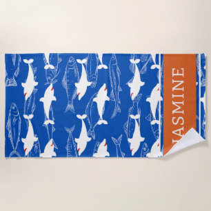 Großer Weißer Hai Navy Orange Monogramm Strandhand Strandtuch