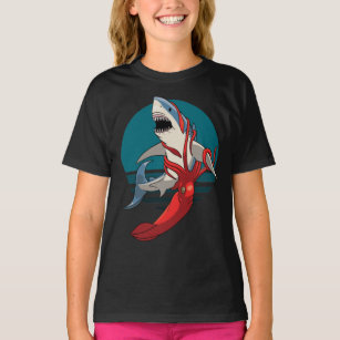 Großer Weißer Hai und Riesenfisch - Tintenfisch T-Shirt