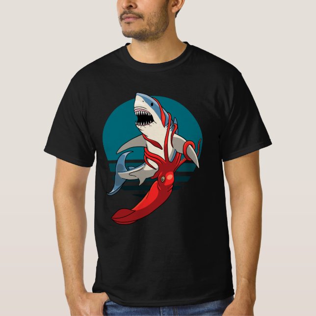 Großer Weißer Hai und Riesenfisch - Tintenfisch T-Shirt (Vorderseite)