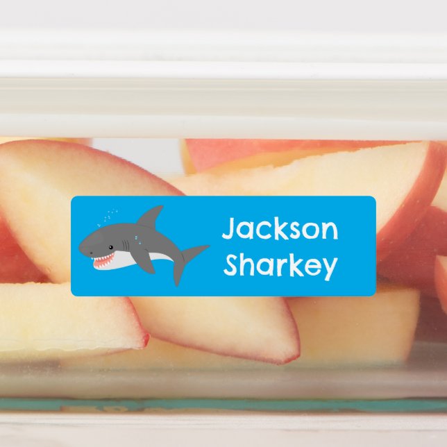 Großer Weißhai-Happy-Cartoon personalisiert Etiketten (Befestigt)