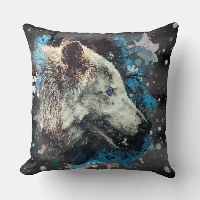 *~* Großer Wolf Totem Blaues Abstraktes Polyester  Kissen (Vorderseite)