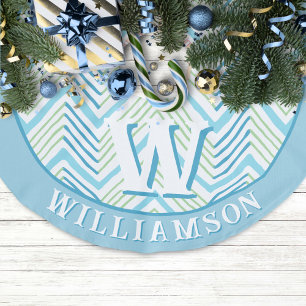 Großer Zag Chevron in Grün + Aqua Personalisiert Leinenimitat Weihnachtsbaumdecke