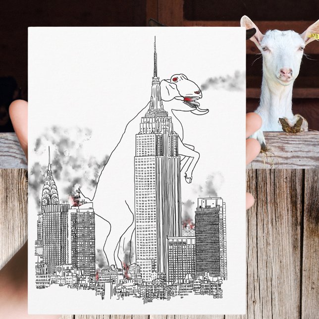 Großer Ziegenangriff in New York Funny Animal Art Postkarte (Funny giant goat in New York City film parody line art drawing)