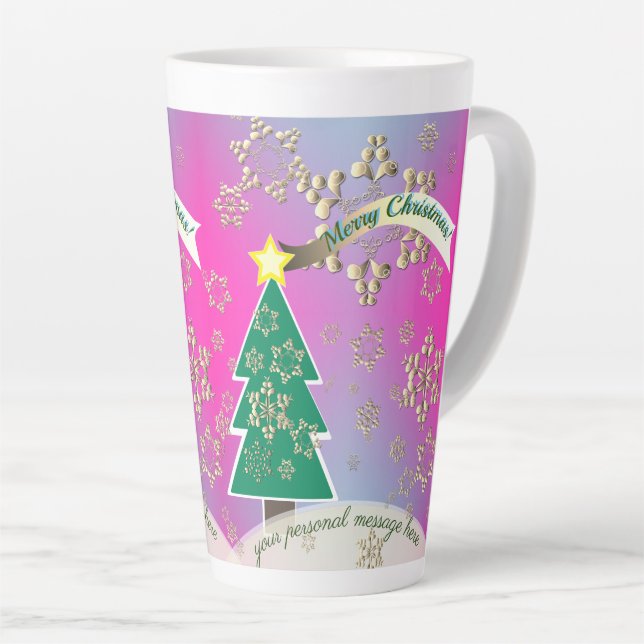 Größere Snowy Lila Weihnachtsbaumszene Latte Tasse (Rechte Ecke)
