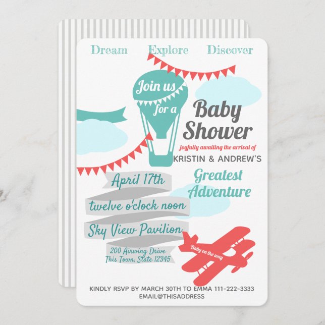 Großes Abenteuer Heißluftballon und Flugzeug Einladung (Vorne/Hinten)