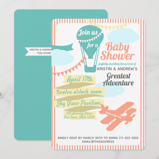 Großes Abenteuer Heißluftballon und Flugzeug Einladung (Vorne/Hinten)