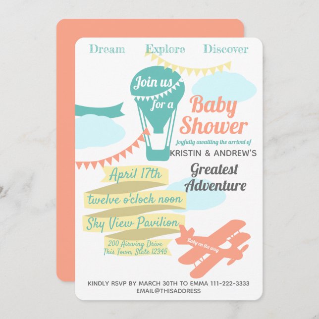 Großes Abenteuer Heißluftballon und Flugzeug Einladung (Vorne/Hinten)