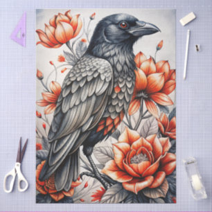 Großes Aquarell-Blumen-Rabe für Decoupage Seidenpapier