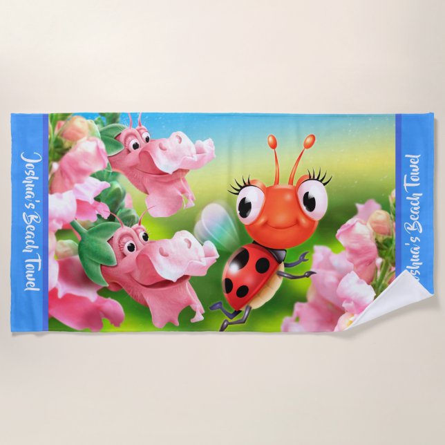 Grosses Badetuch Ladybug Blumengarten. Blaue Kante (Vorderseite)