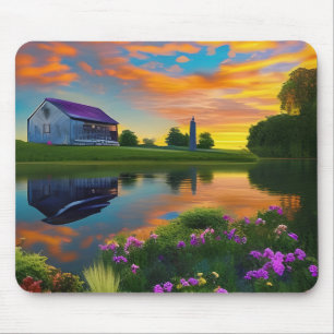 Grosses Bauernhaus lila Dach bei Sonnenuntergang Mousepad