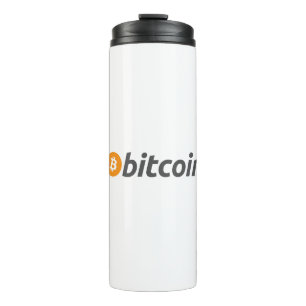 Grosses Bitcoin-Logo mit orangefarbenem Bitcoin-Sy Thermosbecher