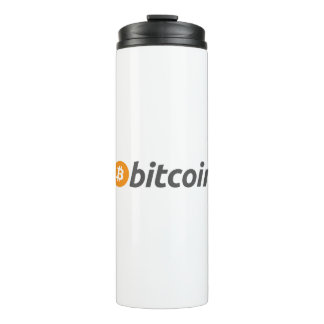 Grosses Bitcoin-Logo mit orangefarbenem Bitcoin-Sy Thermosbecher