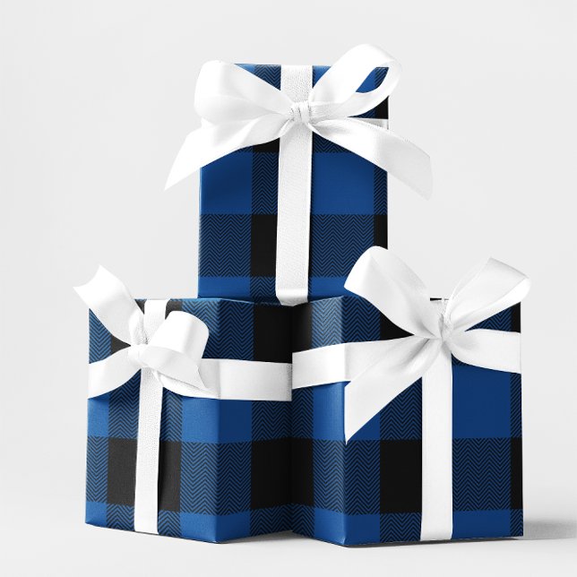 Grosses Blau und Schwarz Zickzack Buffalo Kariert Geschenkpapier (Large Blue and Black Chevron Buffalo Plaid Wrapping Paper)