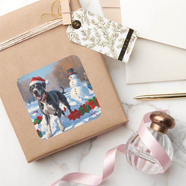 Großes Dane läuft im Schnee mit Weihnachtshut Quadratischer Aufkleber (Schenken)