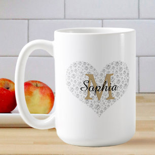 Großes Diamantherz, goldenes Monogramm, Schriftnam Kaffeetasse