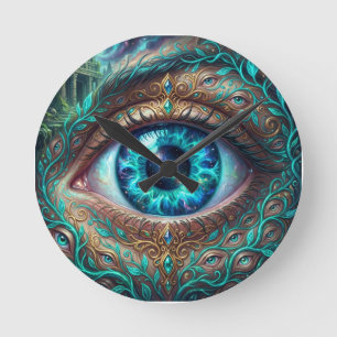 Großes elektrisch blaues Auge in einer Fantasy-Sze Runde Wanduhr