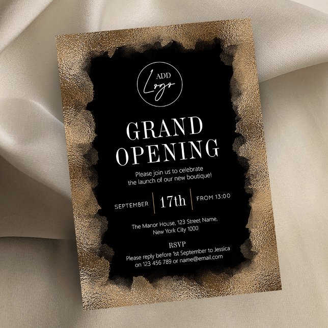 Großes Eröffnungslogo für Black & Gold Glitzer Einladung (Elegant business launch event invitation featuring gold glitter effects and your logo)