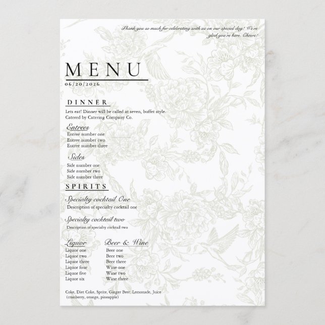 Großes florales Hochzeitsmenü Menükarte (Vorderseite)