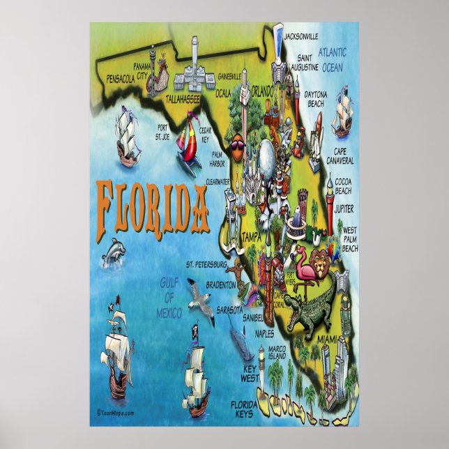 Großes Florida Cartoons Map Poster (Vorne)