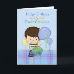 Großes Grandson Special zum Geburtstag mit Junge Karte<br><div class="desc">Eine süße Karte für einen ganz besonderen Großen Enkel mit blauem Hintergrund mit kariertem Unterblau und einem süßen kleinen Jungen mit blauen und gelben Shirts und Jeans. Vor dem kleinen Jungen gibt es einen grünen Kuchen und herumschwebende Ballons. Junge und cupcake originelles Design von Cheryl Seslar bei Digital Craft Supplies,...</div>