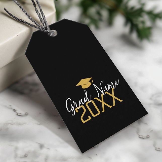 Grosses Jahr - Name und Obergrenze - Schwarzer Abs Geschenkanhänger (Custom Graduation Gift Tag - Modern Black and Gold Design)