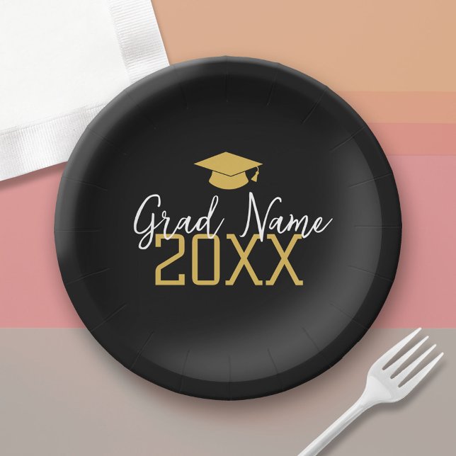 Grosses Jahr - Name und Obergrenze - Schwarzer Abs Pappteller (Custom Graduation Paper Plate)