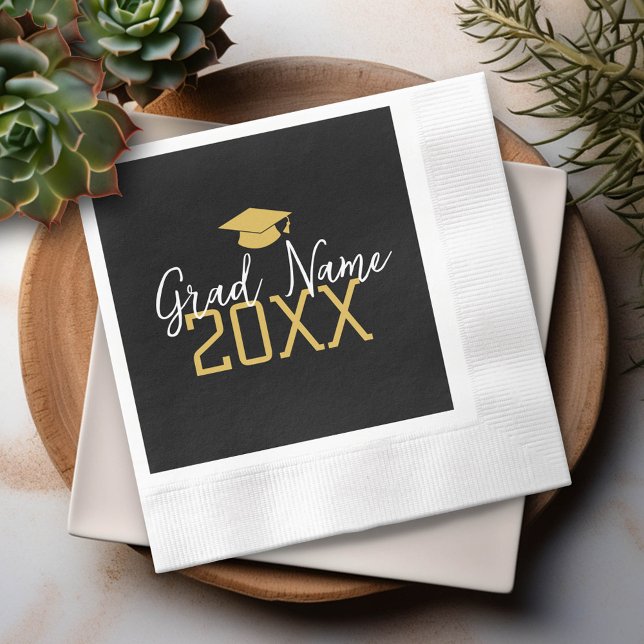 Grosses Jahr - Name und Obergrenze - Schwarzer Abs Serviette (Custom Graduation Party Napkin - Modern Black and Gold Design with Grad's Name)