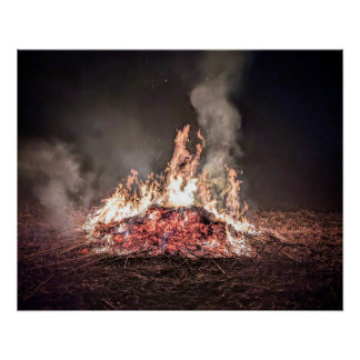 Großes Lagerfeuer, das nachts mit hohen Flammen br Poster