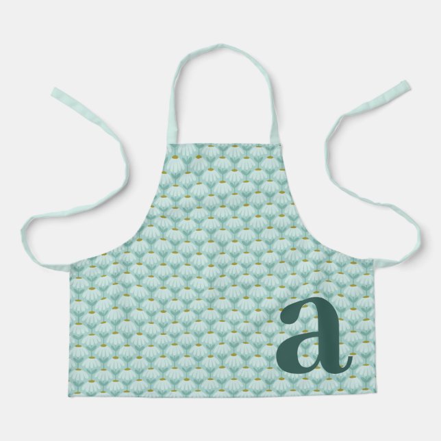 Großes Monogramm Teal Blau Vintage Blumenmuster Schürze (Vorderseite)