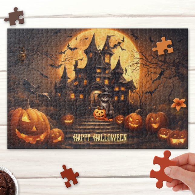 Grosses Niedlich Happy Halloween Spuk House Puzzle (Halloween puzzle featuring a cute fantasy scene with a black kitty with pumpkins at a haunted house)