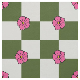 Großes Oliv Rosa Blumen-Karo-Twill Stoff