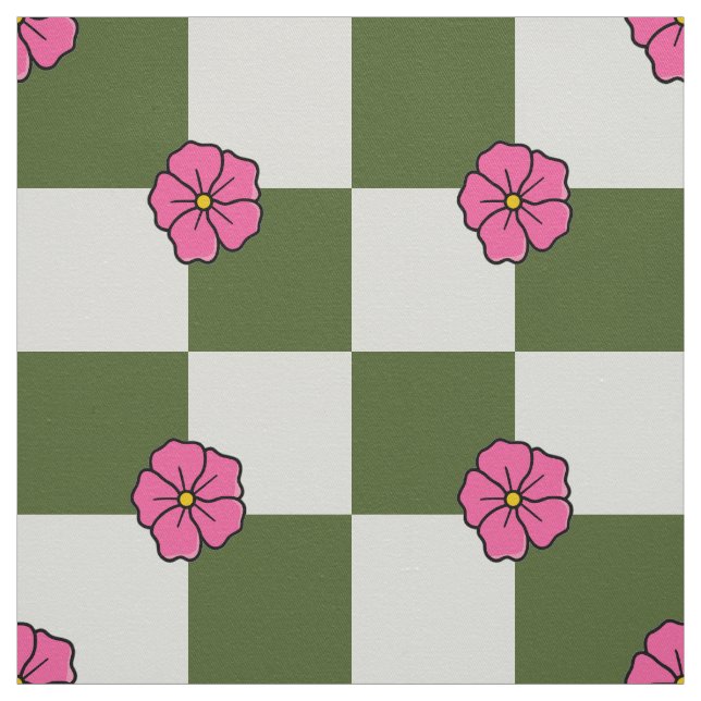 Großes Oliv Rosa Blumen-Karo-Twill Stoff (Muster)