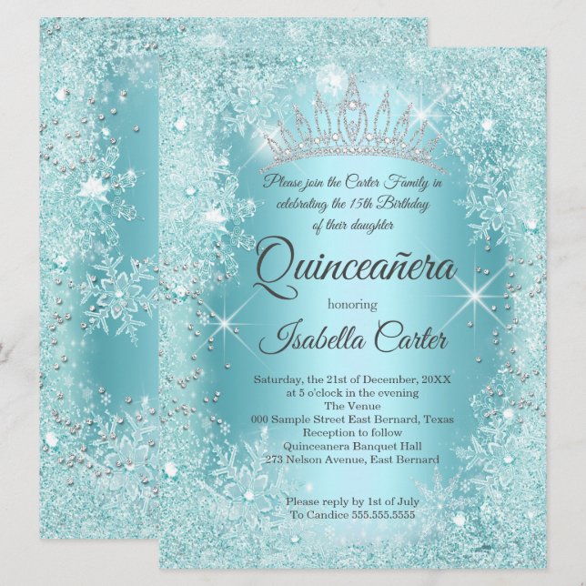Grosses Quinceanera Aquamarin Snowflake Winter Won Einladung (Vorne/Hinten)