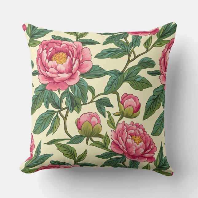 Grosses Rosa und grüne Chinoiserie Peony Floral Kissen (Vorderseite)