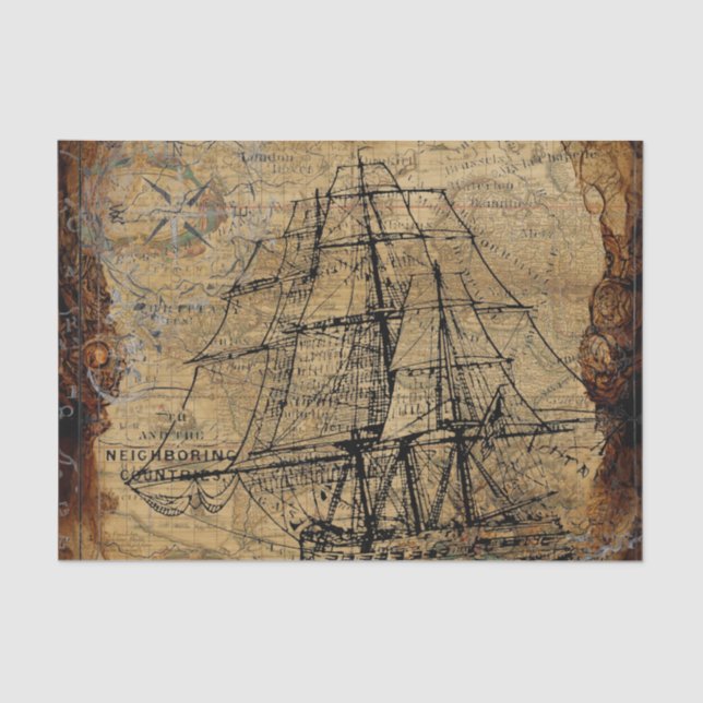 Großes Segelschiff auf wunderschönem Vintagem Hint Seidenpapier (Vorderseite)