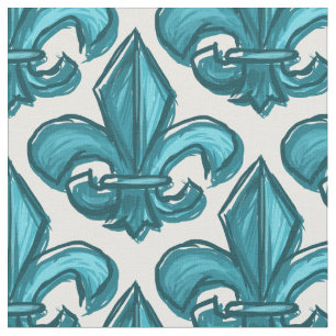 Großes Skizze-Lilien-Muster-dunkles Cyan-blaues Stoff