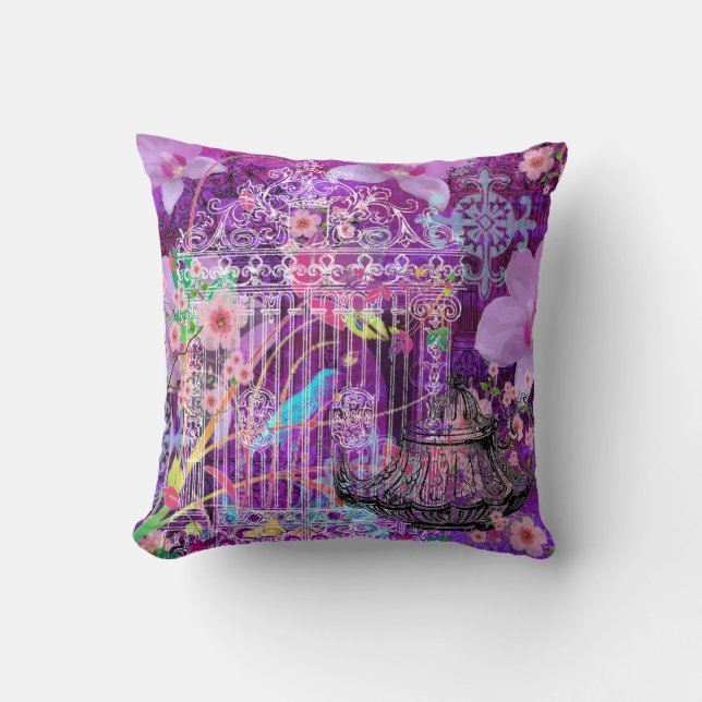 Großes Throw-Kissen, Veilchen, Vintager Vogelkäfig Kissen (Vorderseite)