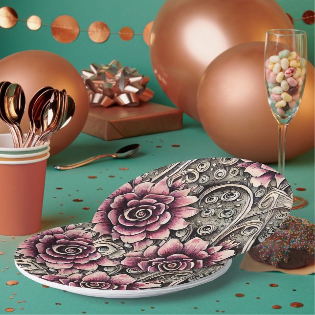 Grosses Vintag gotisch-rosa Blume Muster Pappteller (Multi)