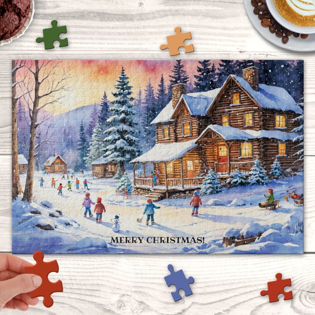 Grosses Winterschnee Spaß Weihnachtsfamilie Puzzle (Lovely large Christmas puzzle featuring a happy winter wonderland with children playing in the snow)