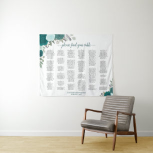 Großformatige Sitzordnung mit Teal- und Aquamarin- Wandteppich