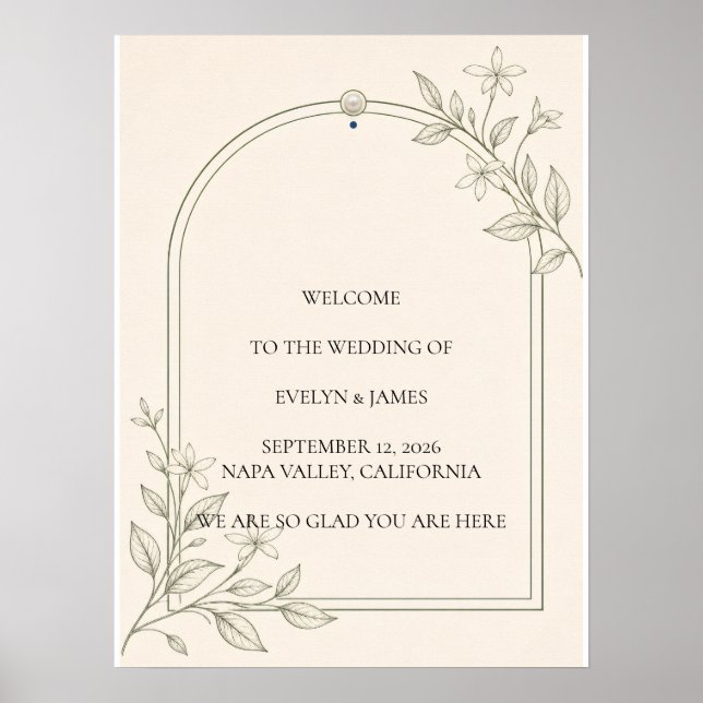 Großformatiges Oliven-Botanik-Hochzeits-Willkommen Poster (Vorne)