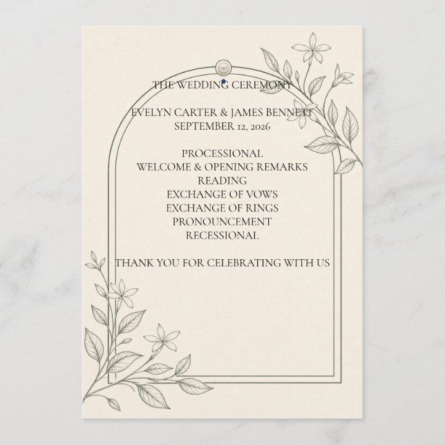 Großformatiges Oliven-Botanik-Hochzeitsprogramm 5x Programm (Vorderseite)