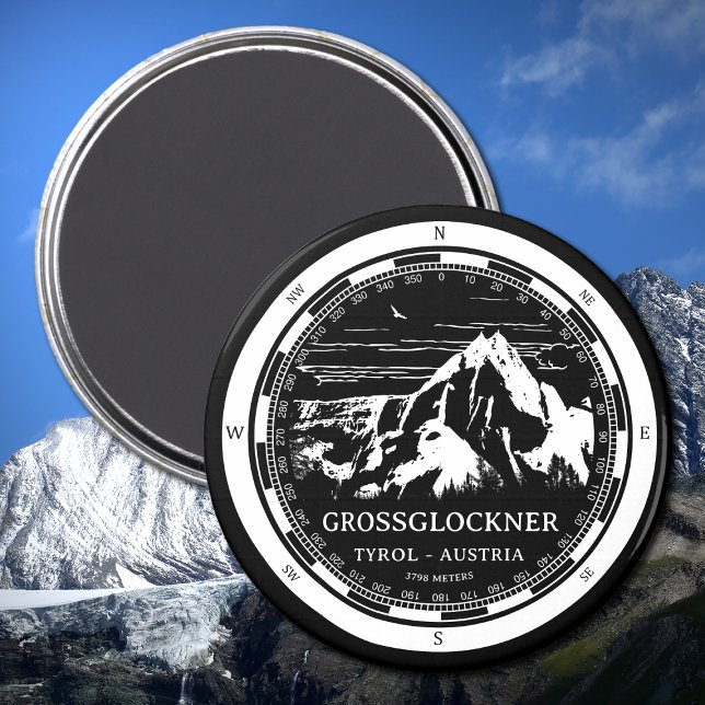 Grossglockner - Tirol - Alpen Magnet (Mount Grossglockner Magnet in Back with a white compass and mountain illustration)